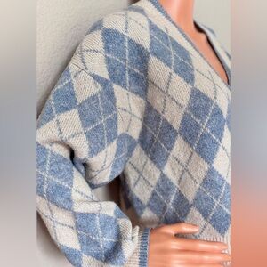 For The Republic Argyle Cardigan Women XL Blue Ivory Cropped Knit Sweater